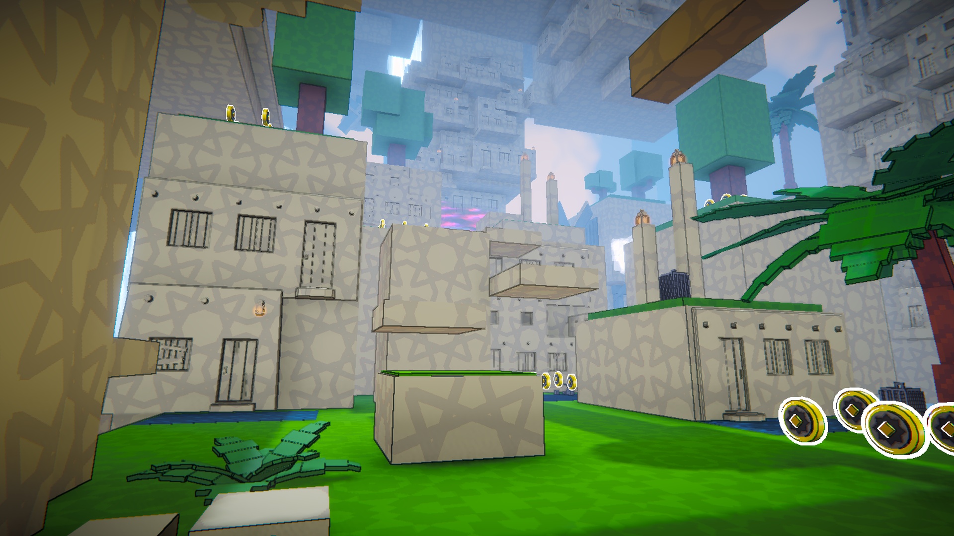 Fling Up Together green courtyard with platforms and collectible rings